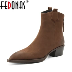 FEDONAS New Women 2024 Autumn Winter Warm Ankle Boots Square High Heels Fashion Dress Western Cowboy Boots Party Female Shoes