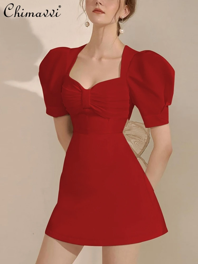 French Elegant Commuter Square Collar Puff Sleep Sexy Backless Bow High Waist A- Line Red Short Evening Dress Women Summer 2024