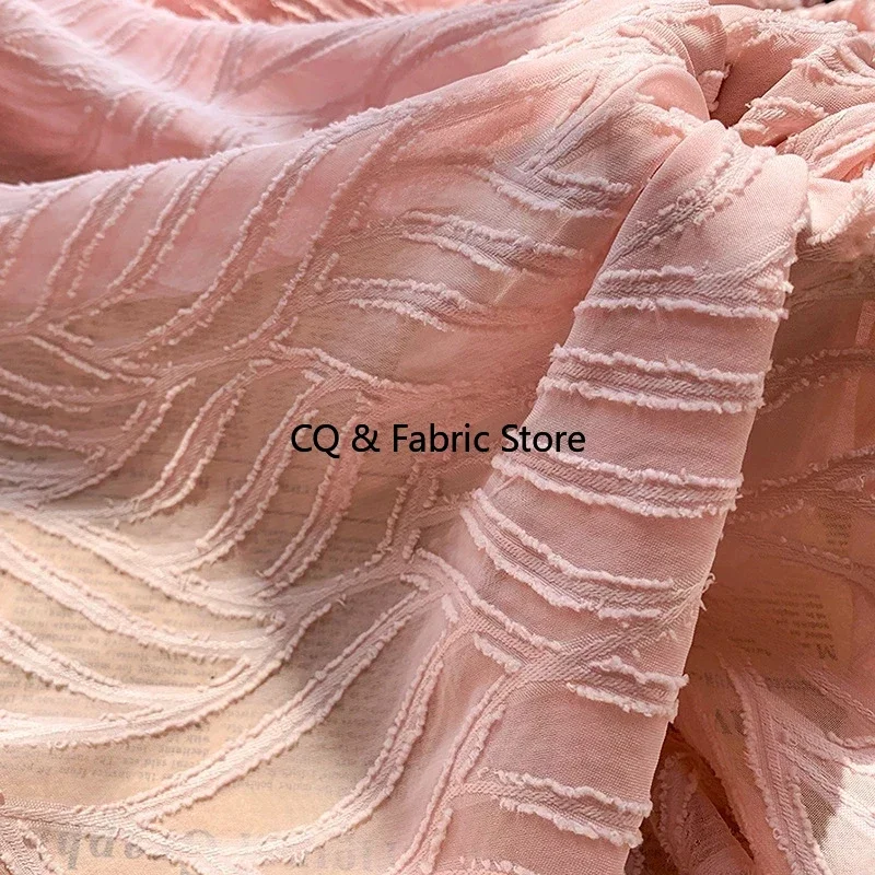 

Pink Jacquard Chiffon Fabric Leaf Striped Pattern For Women Dress, Shirts,1 meter