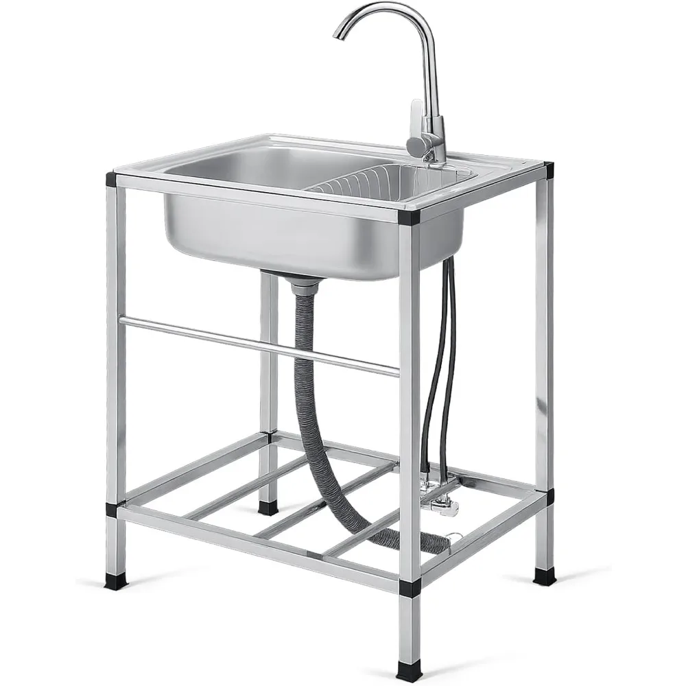 

Freestanding Outdoor Kitchen Utility Sink Stainless Steel Single Bowl Portable Commercial Sink for Restaurant Cafe Bar