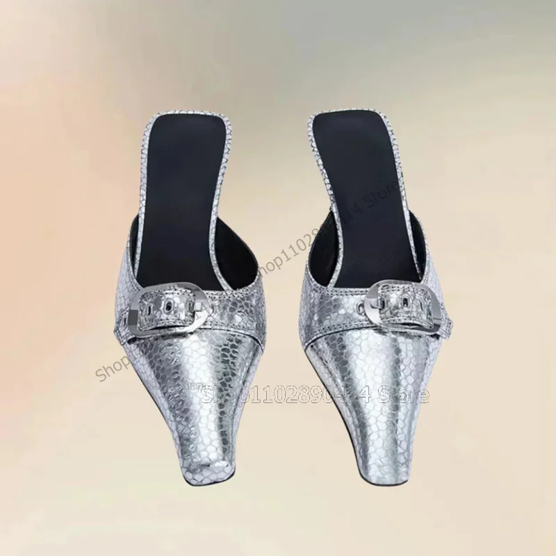 

Silver Fish Scale Print Buckle Decor Pointed Toe Slippers Slip On Women Shoes Thin High Heels Banquet 2024 Zapatos Para Mujere