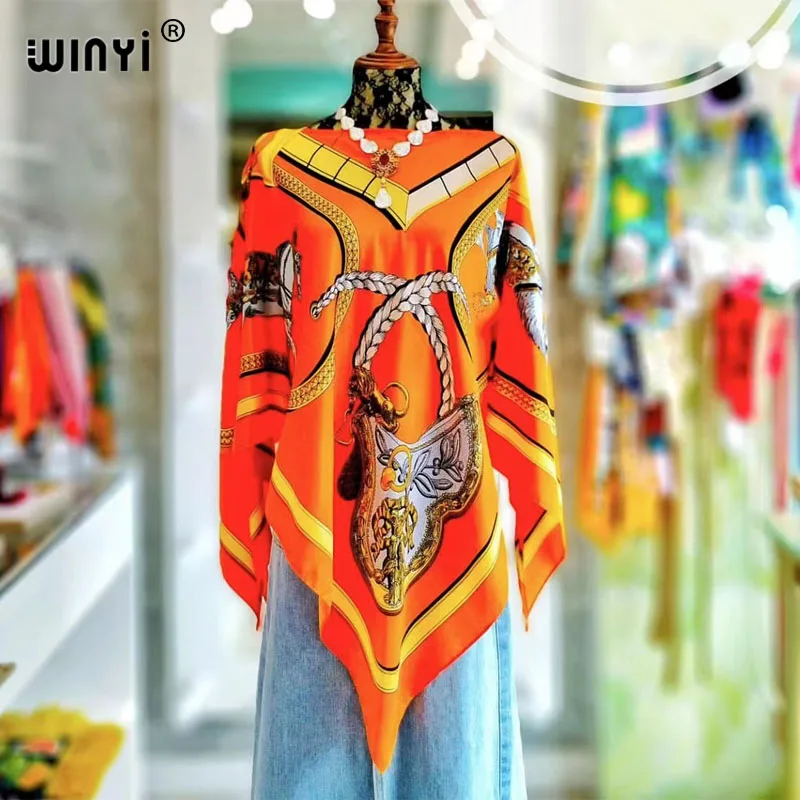 Boho Printed Silk feel Bohemian summer Batwing Sleeve top for women WINYI 2024 cover up beach women beach wear swimsuit women