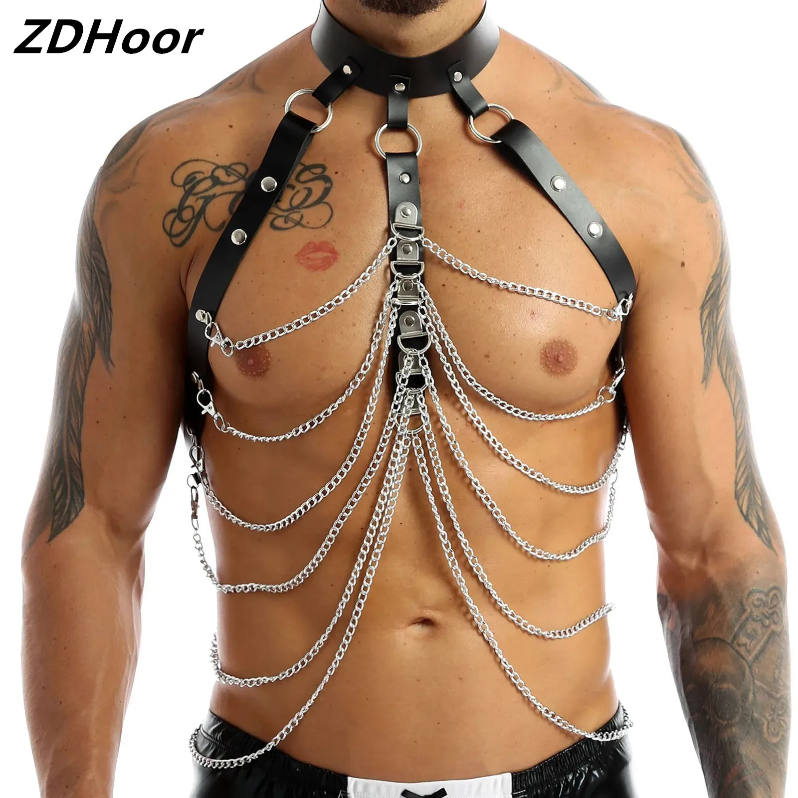 

Мужской ремень-портупея с регулируемой яркостью, мужской ремень в стиле панк, готика, металлическая цепочка с О-образным кольцом, нагрудный ремень на плечо, клубная одежда