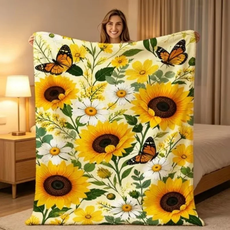 Sunflower Blanket Floral Throw Butterfly Print Fleece Bedspread Soft Decorative Tapestry for Living Room Bedroom Sofa