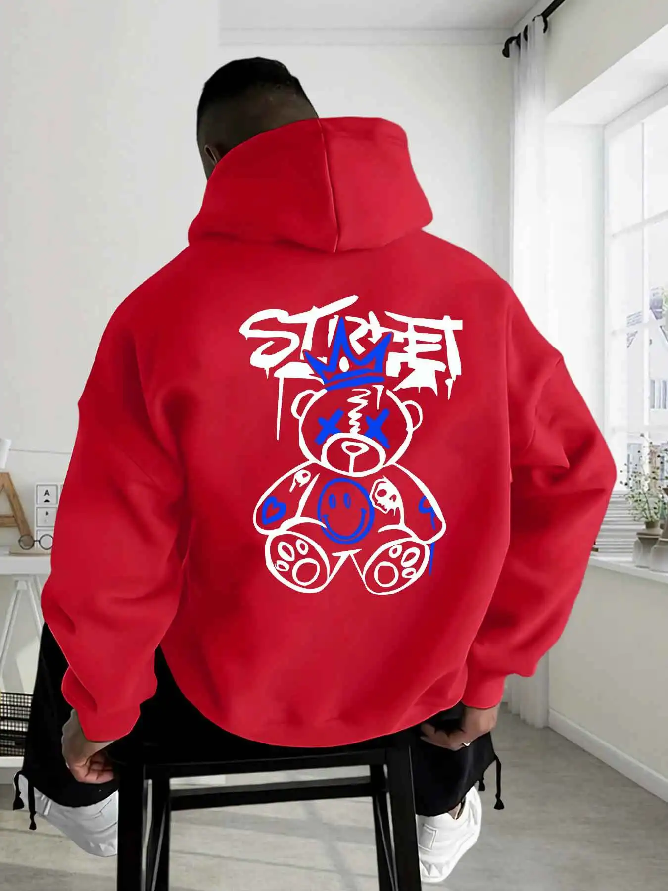 Fall/Winter fashion men's design with bear pattern printedAmericanstreet hip-hop trend elastic and comfortable hooded sweatshirt