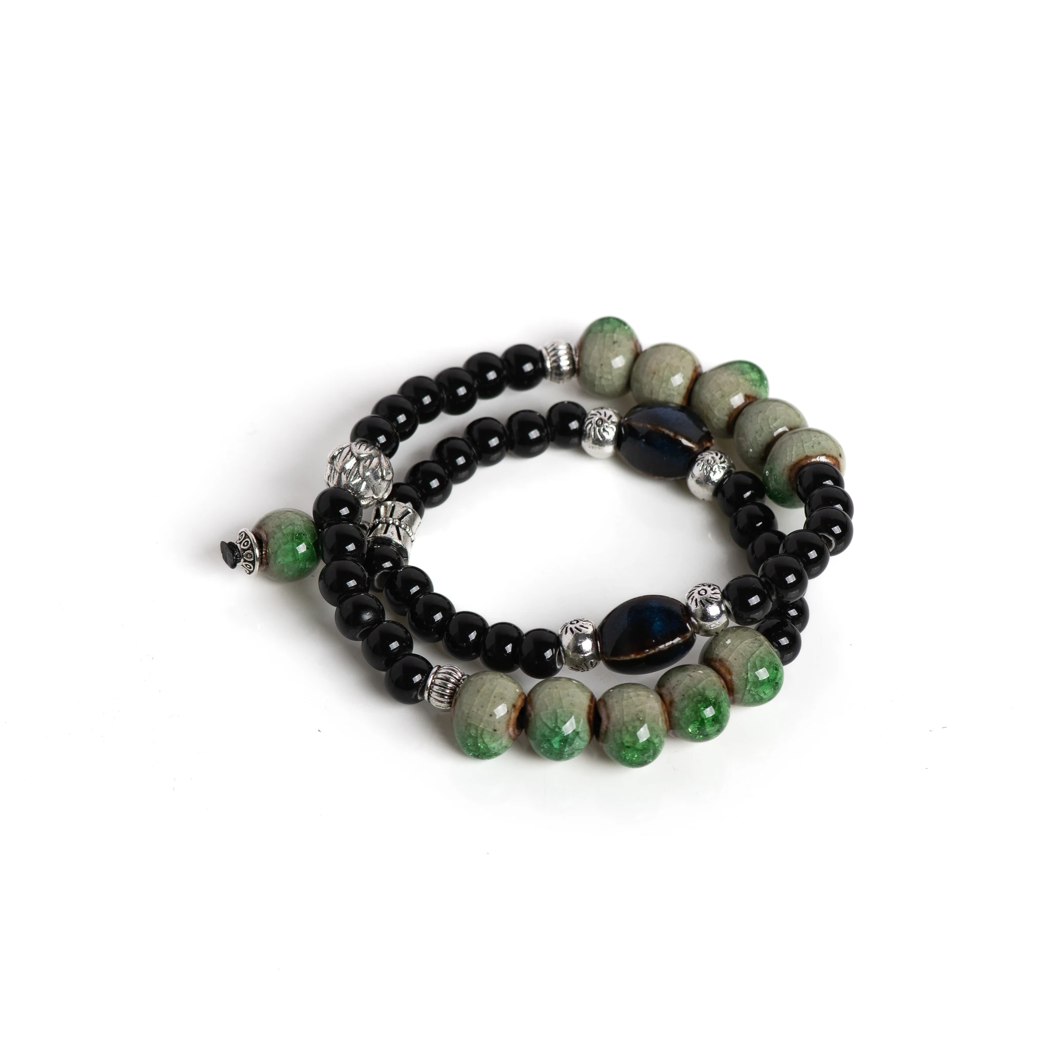 Handmade Double-Layer Ceramic Bracelet Ice Crack Beaded Stretchable Jewelry Unisex Vintage Style