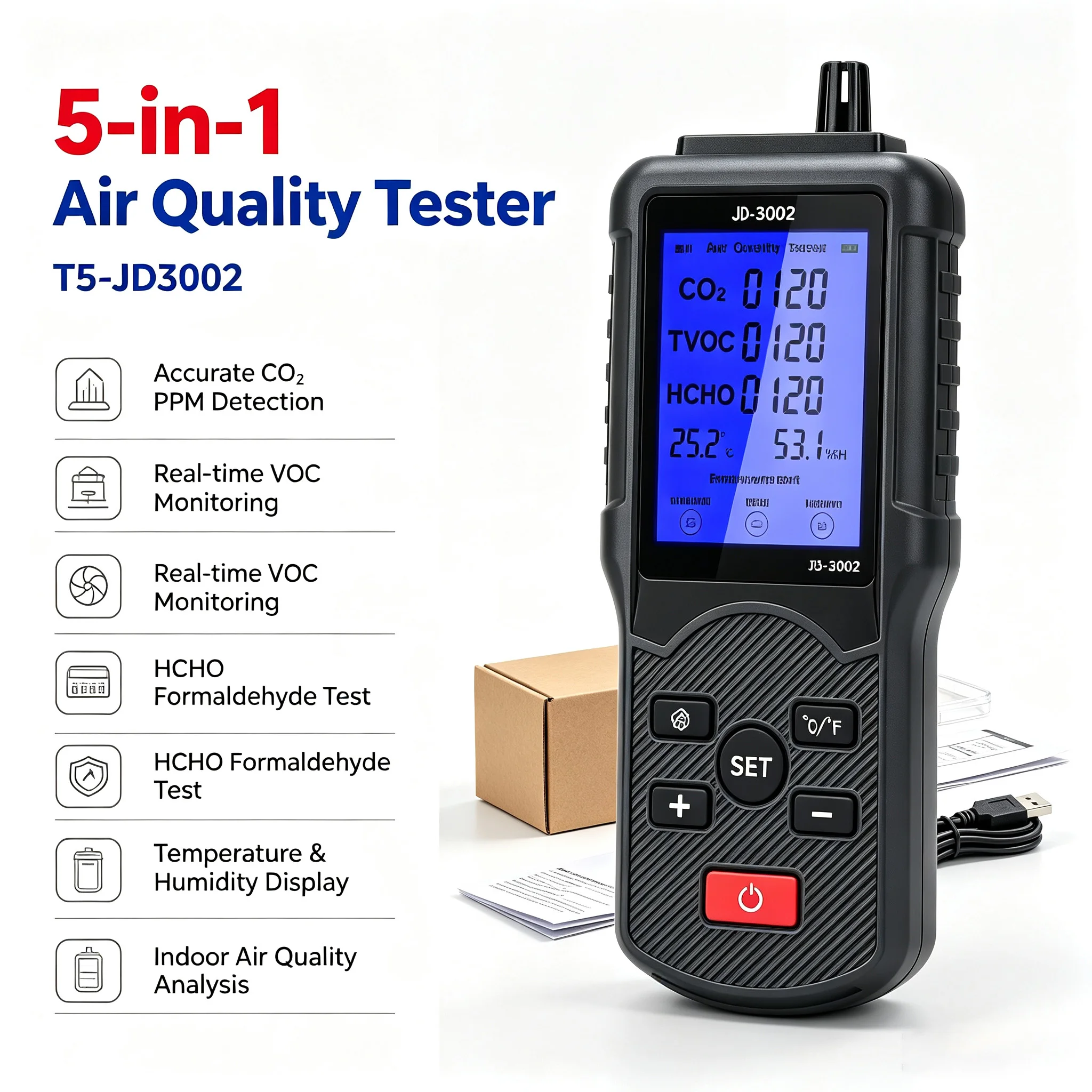 5-in-1 Air Quality Tester JD3002 CO2 PPM VOC Detector Real Time Temp Humidity Display Indoor Home Air Analyzer