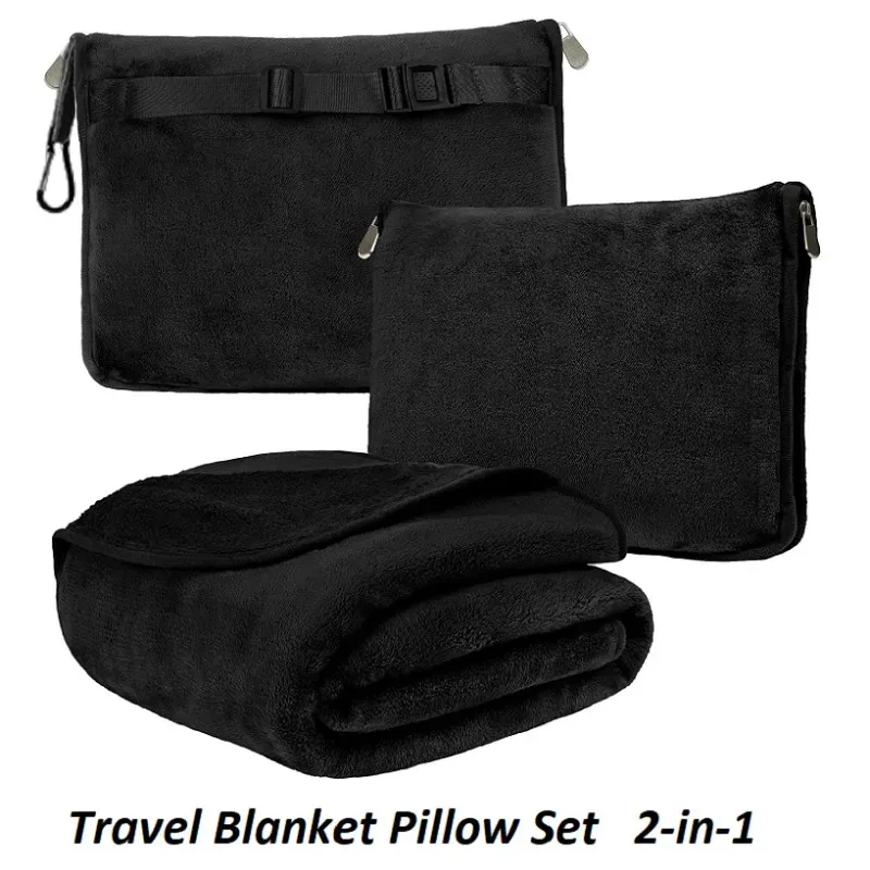 Travel Blanket and Pillow,Clip On Buckle, Portable Warm Soft 2-in-1 Combo Blanket for Airplane,Camping,Car,Large Compact Blanket