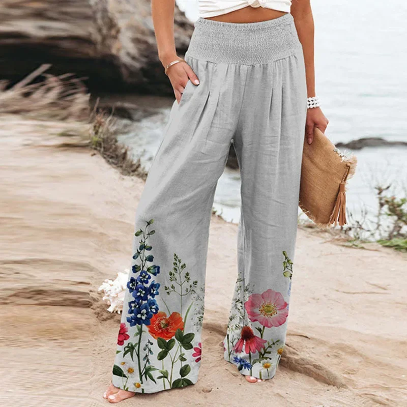 Fashion Printing Pockets Straight Trousers Spring Street Casual Summer Elastic High Waist Loose Wide Leg Pants Women\'s Clothing