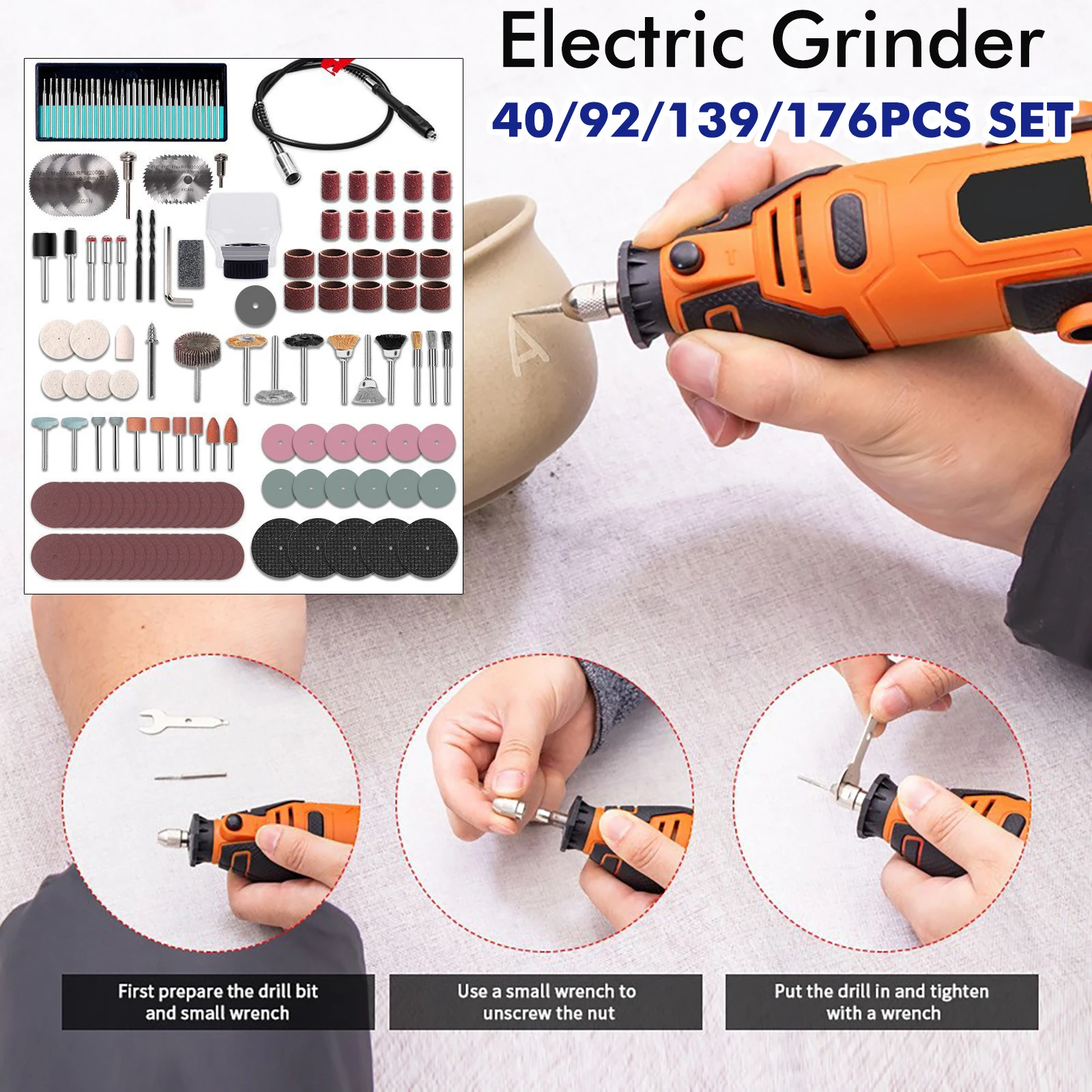 

Electric Grinder with 40/92/176Pcs Accessories 8000r/min-31000r/min 6-Speed Adjustable Engraving Machine Mini Handheld Grinder