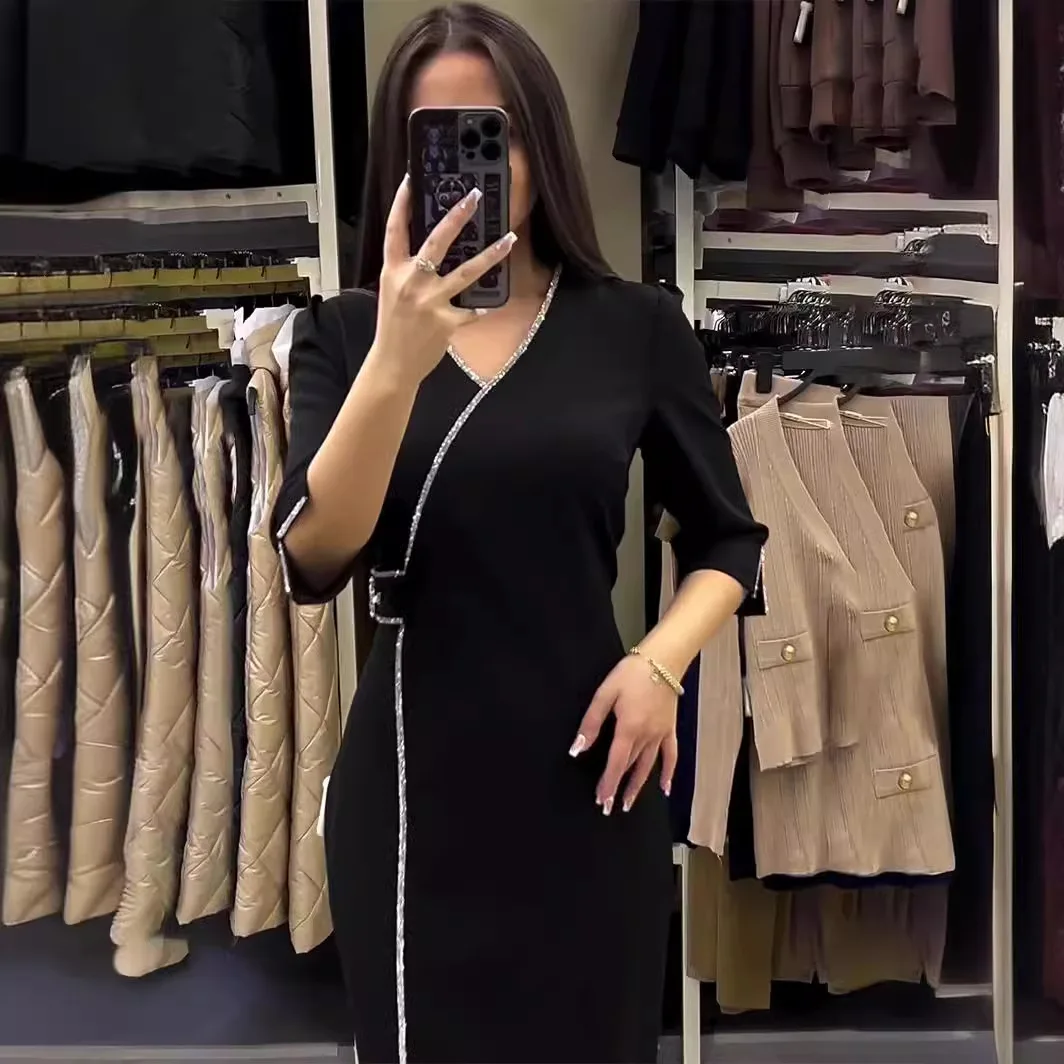 Women\'s Maxi Dresses Summer Stylish Y2k Sexy V-neck Hot Drill Slim Style Split Seven-point Sleeve Long Dress 2024 Summer Dress