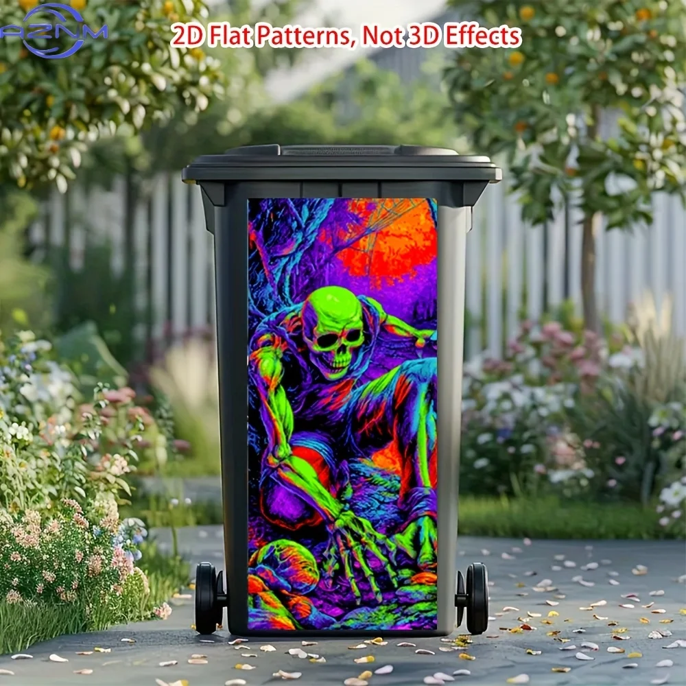 Neon Glow-in-the-Dark Style Psychedelic Skull & Spider PVC Sticker - Self-Adhesive Removable Decal for Walls, Trash Cans, Gard