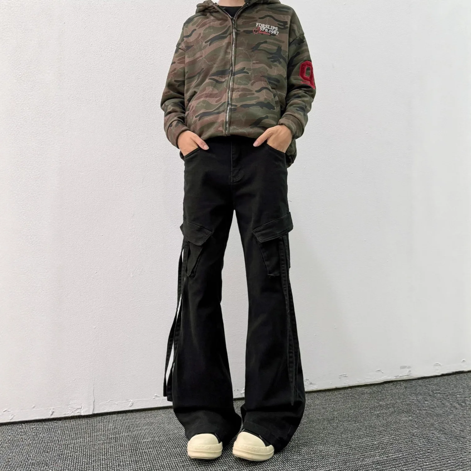Flared Denim Jeans Man Black Ribbon Cargo Pants Slimming Body-shaping Straight Cut Loose Cool Personality All-matching