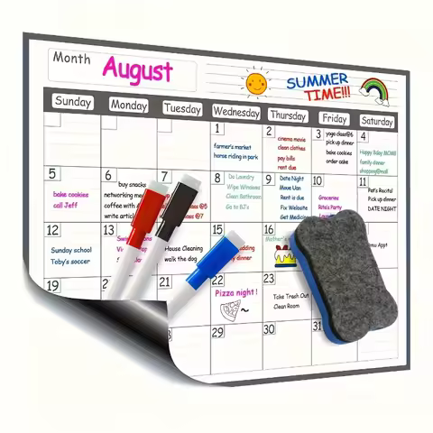 Magnetic refrigerator calendar planner is erasable and reusable, making it easy to organize kitchen refrigerators and meal plans