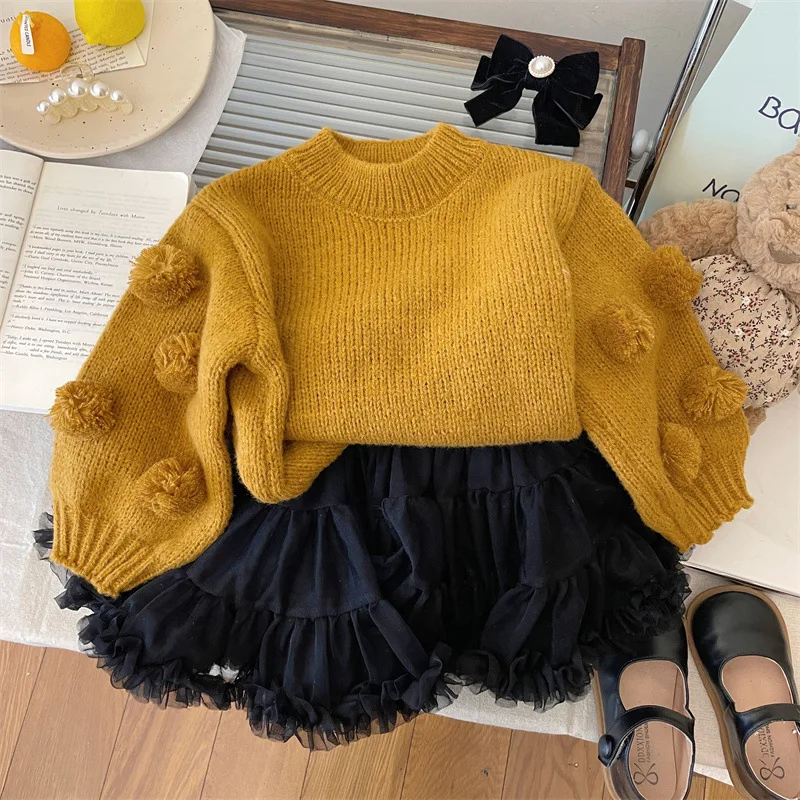 Girls\' sweater 2023 autumn new children\'s foreign style lantern sleeve hairball sweater baby thickened line winter clothing 1-9Y