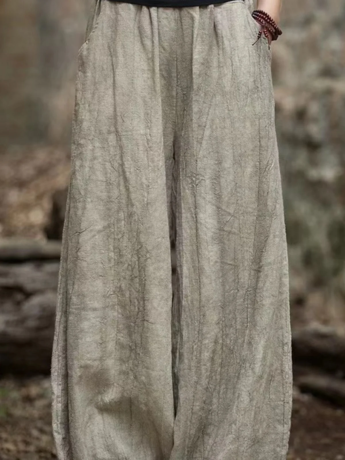 خريف شتاء جديد Sle المرأة عادية واسعة الساق فانوس السراويل القطن الكتان مصبوغ والقديم Faioned عالية الخصر فضفاضة تناسب بنطلون