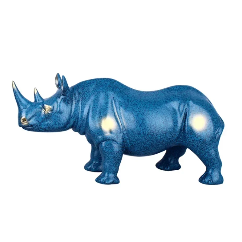 New blue rhino statue, resin modern art sculpture, European home living room decoration, attic office decoration figurine