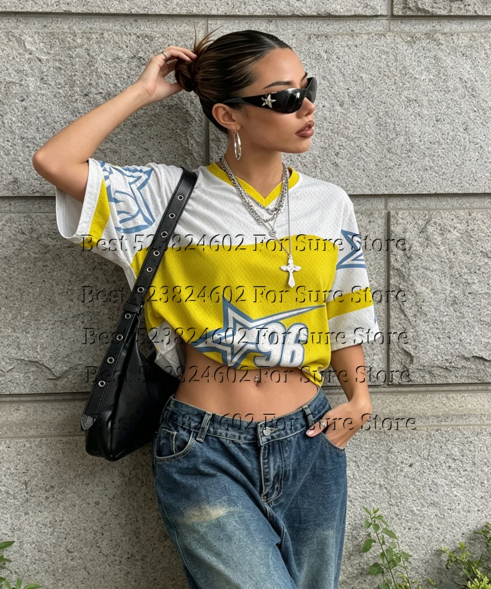 Women's Y2K Flame Print Mesh Football Tshirt Jersey Plus Size V Neck Color Block Streetwear Vintage Breathable Summer T Shirt