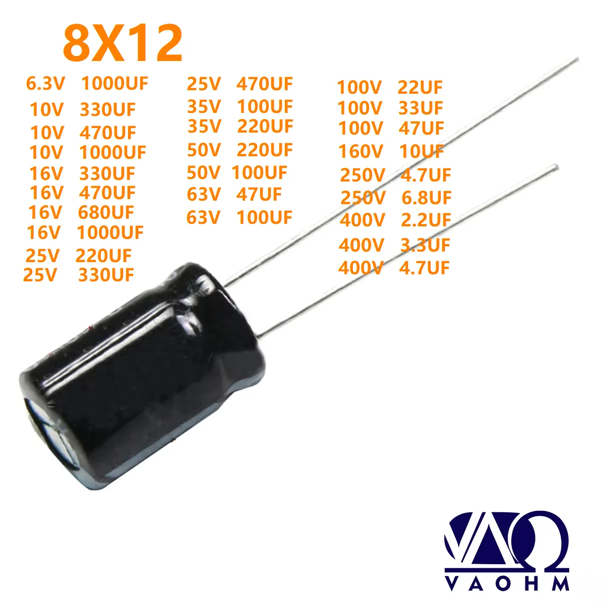 50PCS 2.2UF 3.3UF 4.7UF 10UF 22UF 33UF 47UF 100UF 50V 63V 100V 160V 250V 400V Aluminum Electrolytic Capacitor 8X12MM