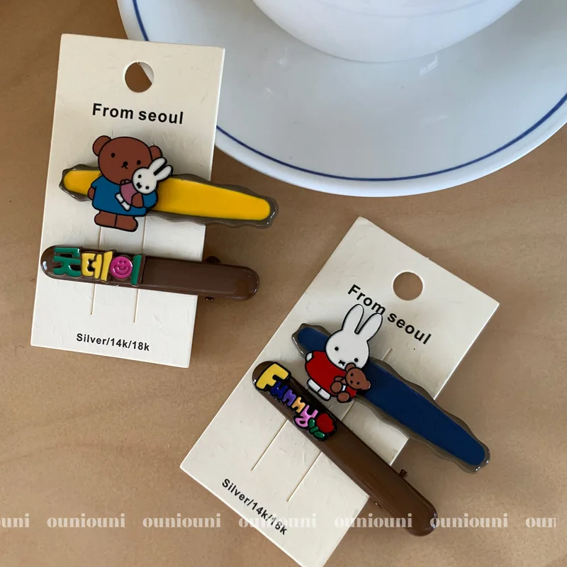 2 pçs coreano kawaii miffy coelho urso hairpin bonito metal franja hairpin borda novo para presentes da menina