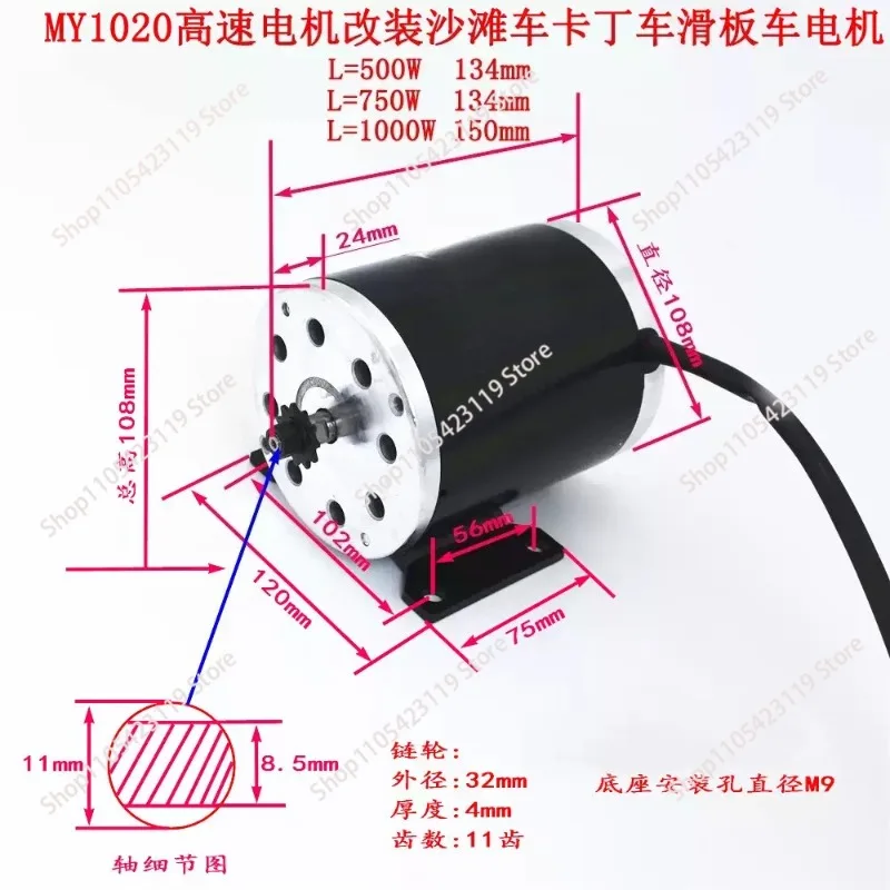 Motor 500W 750W 1000W 24V 36V 48V Electric Shaka Kart Beach Electric Vehicle High Speed Brushed