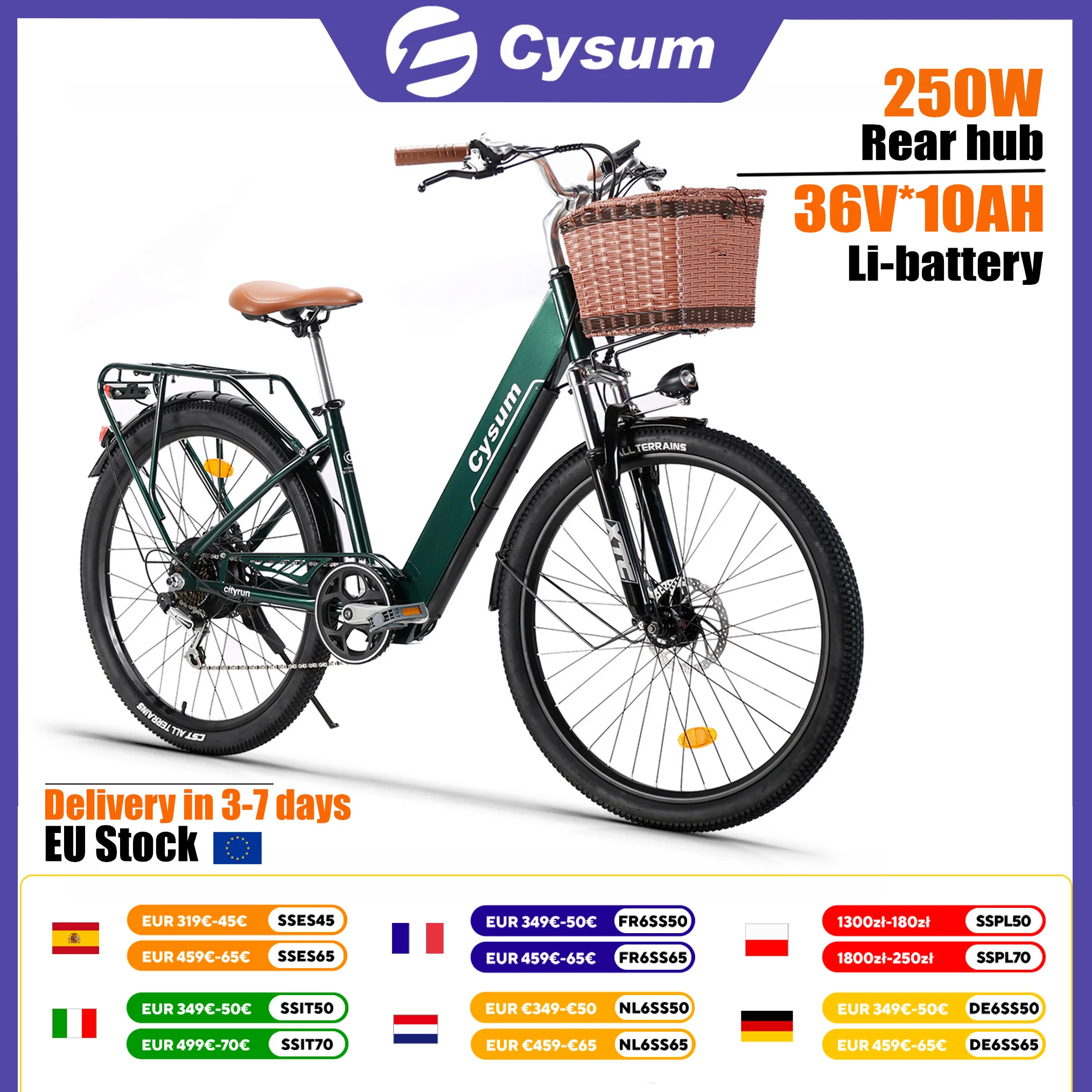 Vélo électrique de banlieue Cysum Cityrun 26", vélo électrique de ville, vélo à profil bas pour femme, batterie Li 36V 10Ah, portée 70-90Km