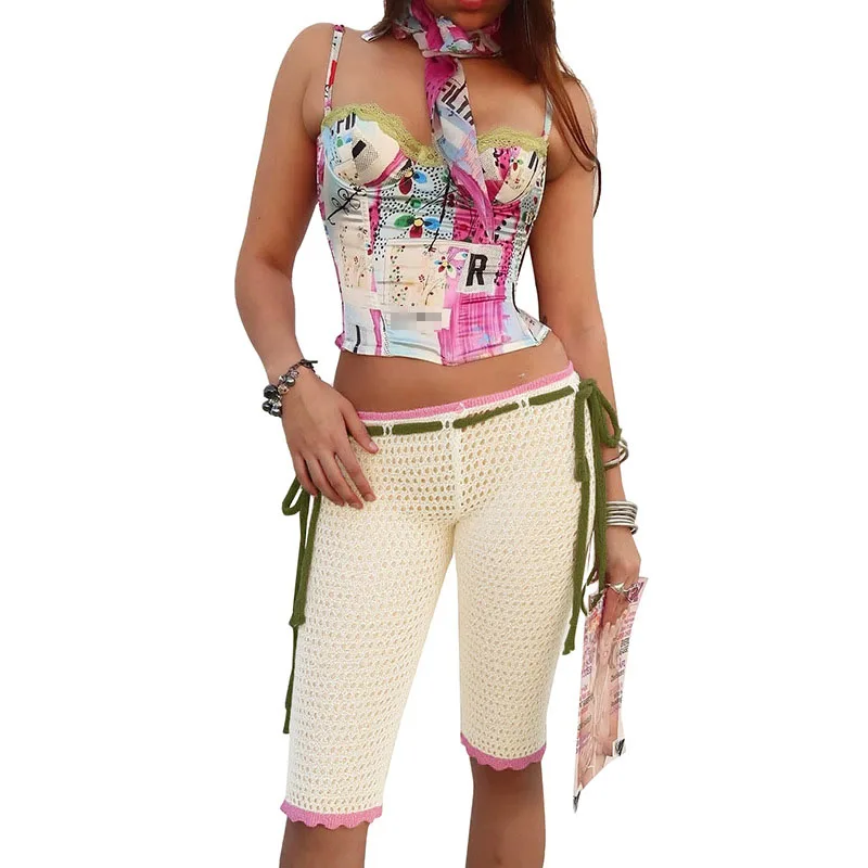 

STYLISH LADY Drawstring Knee Length Knitted Pants 2025 Summer Women Low Waist Hollow Out Skinny Pants Trousers