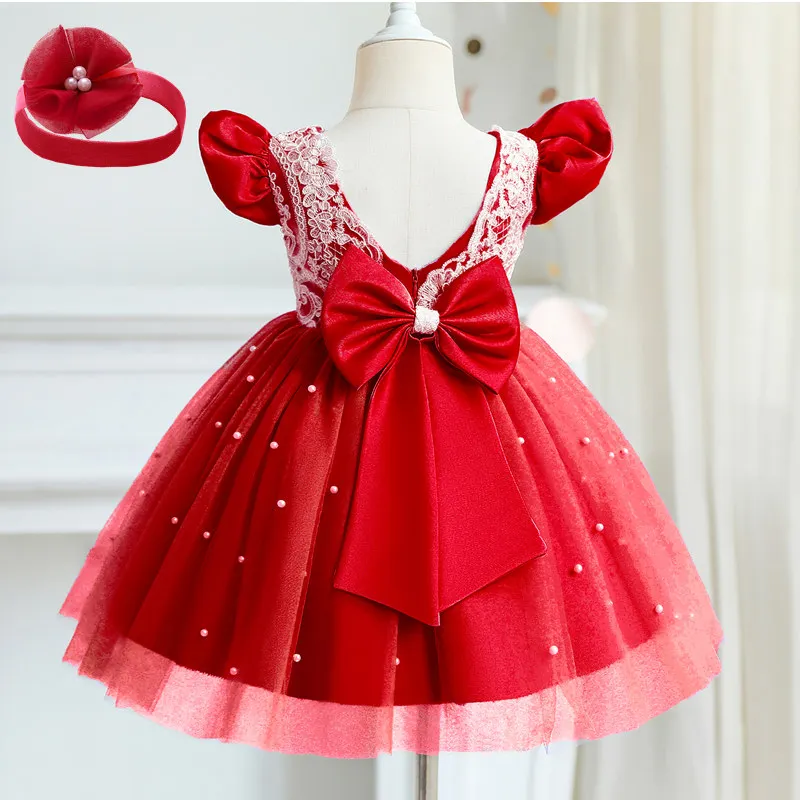 Infant Baby Girl Princess Dress V-Back Bow Tulle Tutu Vestidos Flower Girl Wedding Party Prom Gown Formal Ceremony Lace Dresses