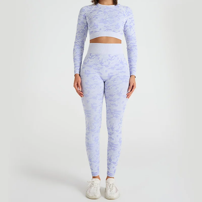 

Бесшовный костюм для йоги персикового цвета, женский двухсекционный камуфляжный жаккардовый костюм для фитнеса, спортивная одежда больших размеров, лето 2023 г.