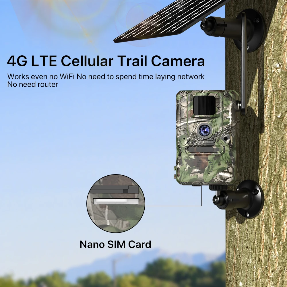 4G LTE Cellular Trail Camera Solar Power 3MP HD IP66 Waterproof PIR Animal And Human Detection Camouflage Outdoor Monitor UBox