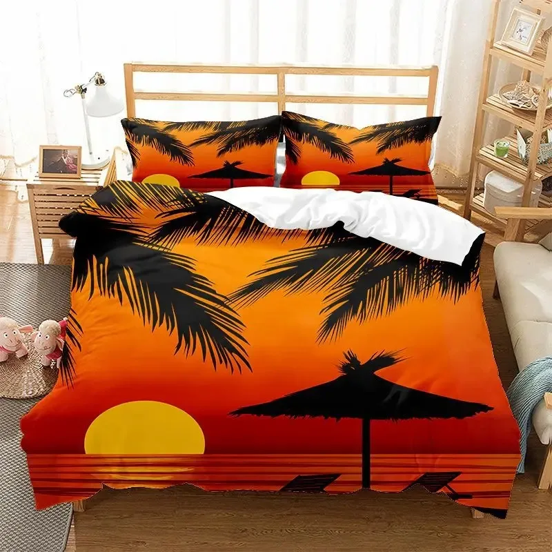 Beach Duvet Cover Twin King Size Microfiber Coconut Palm Trees Bedding Set Sunset Tropical Sandy Beach Landscape Comforter Cover