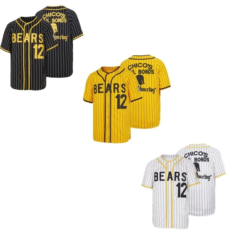 

Men's #12 Yellow Stripes Baseball Jersey, Classic Retro Letter Embroidery Design Breathable Short Sleeve Bear T-Shirt