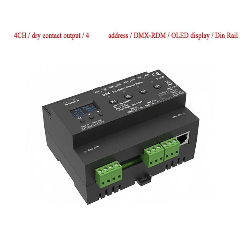 

ABKU-для DMX 4-канальный переключатель с OLED-дисплеем, реле экрана, 4 канала, выход с сухим контактом, 4 адреса, DMX-RDM, DIN-рейка, 100-240 В переменного тока