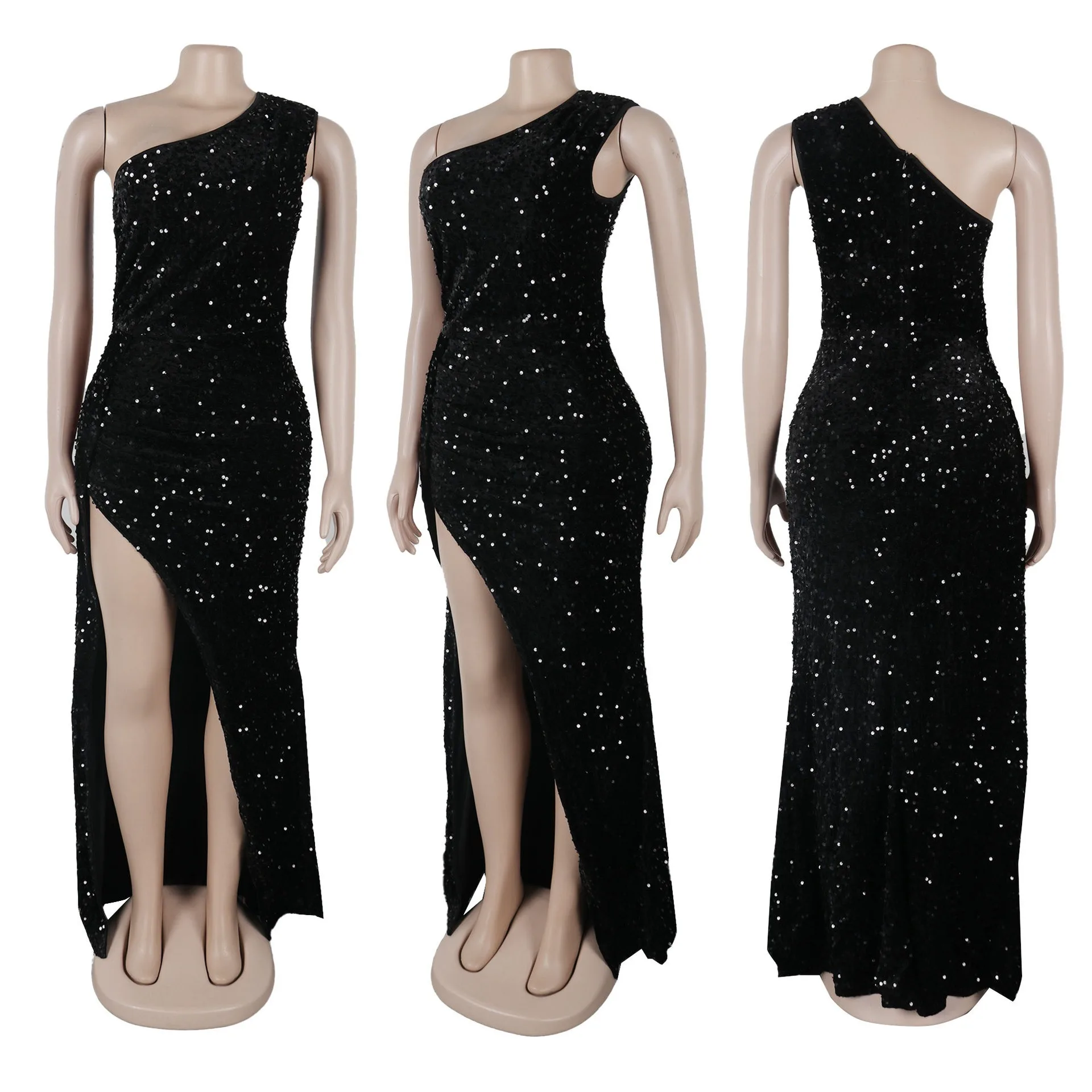 Sexy Nightclub Party Club Banquet Prom Slant Shoulder Split Wrap Hip Slim Velvet Beaded Dresses