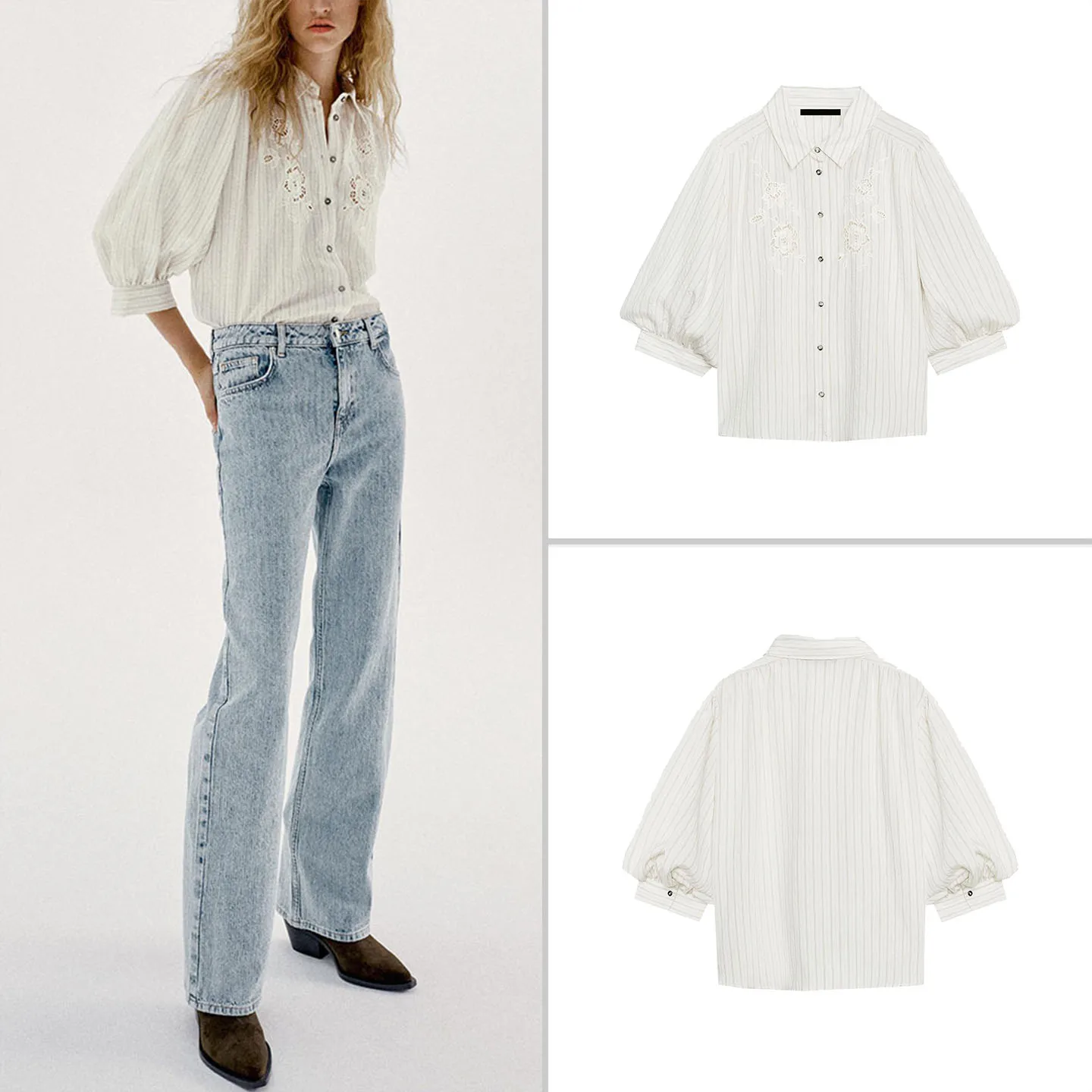 Women's Autumn 2026 New Style Shirt Stripe Embroidery Hollow out Collar Long Sleeve Slim Fit Fashionable Casual Business Top