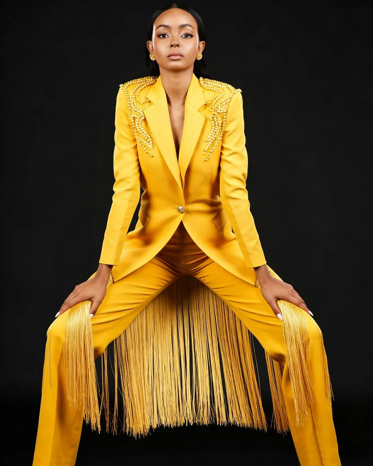 Yellow Tassel Long Women Blazer Suits Plus Size 2 Pieces Slim Fit Beads Mother Suits Customized Party Evening Outfit