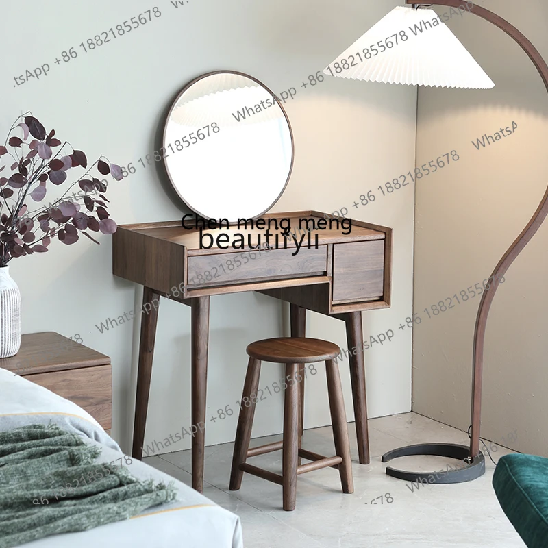 โต๊ะเครื่องแป้งไม้จริงสไตล์นอร์ดิกมินิมอลสีดำวอลนัท พร้อมตู้เก็บของในตัว