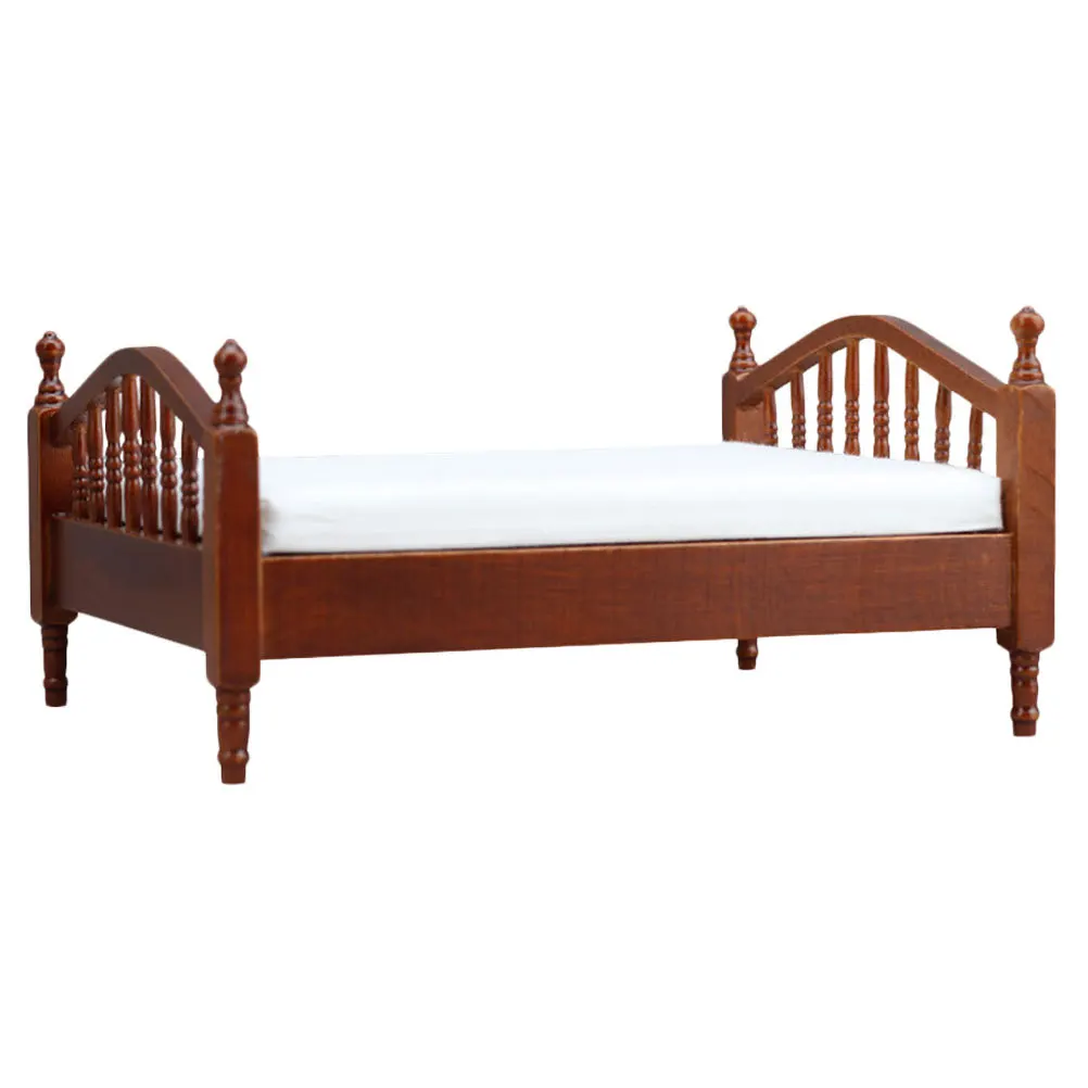

Mini Double Bed For Dollhouse: Vintage Wooden Furniture Set White Bedsheet Durable Miniature Bedroom Decor Role Playing Pretend