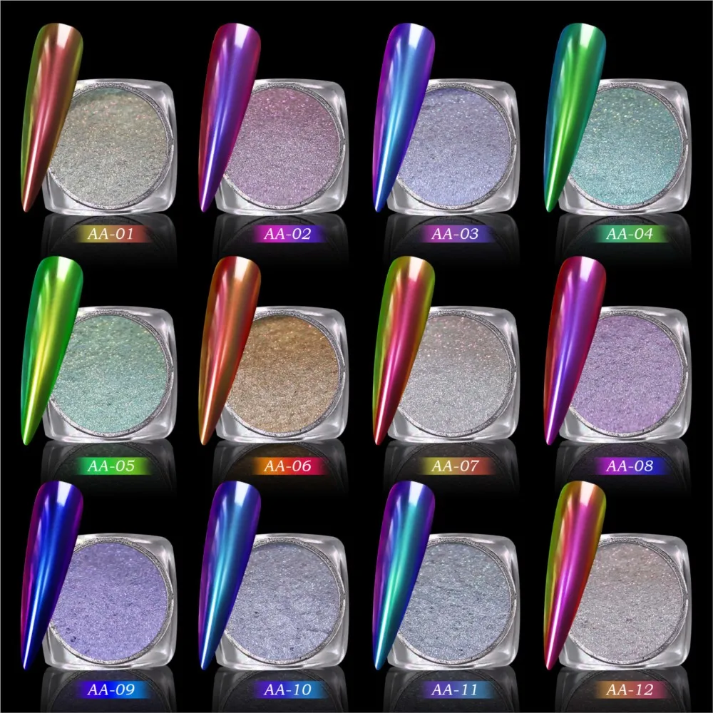 0.5g/Box Chameleon Magic Mirror Dust Nails Powder 12Colors Aurora Eyeshadow Nail Chrome Pigments Metallic Mirror Rubbing Glitter