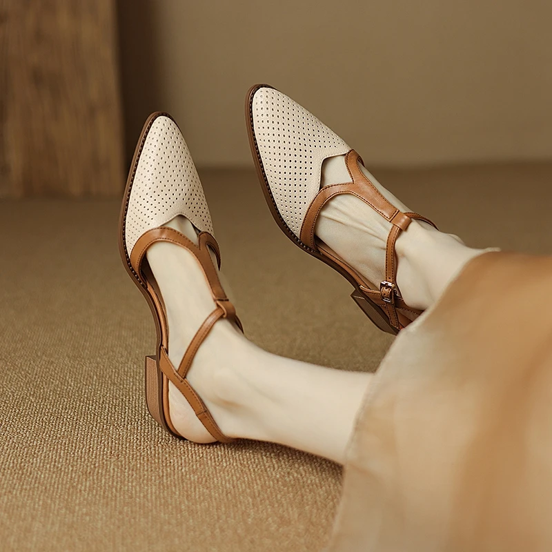 

Women's new summer genuine leather sheepskin hollow breathable elastic buckle middle heel toe Mueller shoes fashion sandals