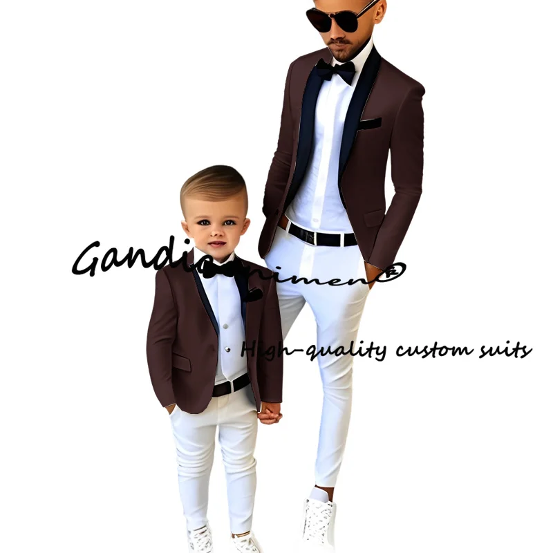 Boys Suits 2 Pcs Black Collar Jacket White Pants Wedding Tuxedo Fashion Kids Clothes Slim Fit Custom Blazer