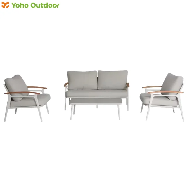 

4pcs Luxury Aluminum Sofa Set Elegant Garden Patio Outdoor Metal Sofa with Thick Cushion Conversation Sofa Set with Teak Armrest