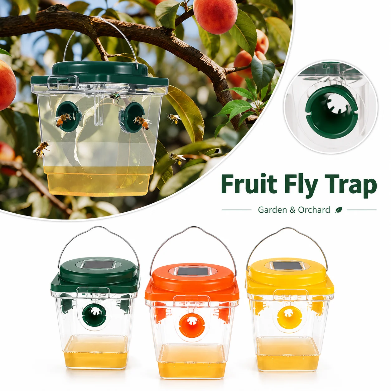 Solar Powered Fruit Fly Trap Hanging Insect Catcher with Light Transparent Base for Garden Orchard Patio Outdoor Dining Area