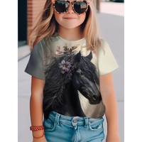 Children's Clothing Girl Cute and Funny Animal Horse 3D Print Graphic T Shirts Style Comfortable Crew Neck Top T-Shirt for Girls