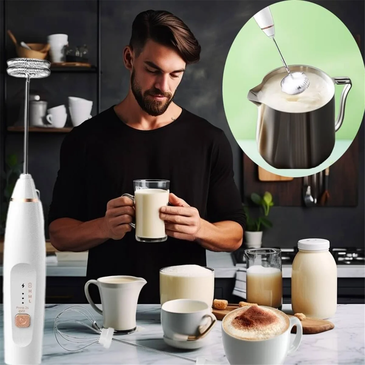 Batidora de espuma de leche recargable de mano para café con 2 batidores, batidora de mano eléctrica USB, varita de espuma de 3 velocidades-B