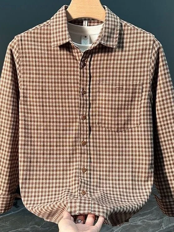 

Trendy Japanese Retro Plaid Long Sve Men's Casual irt Autumn Faion Loose Fit Versatile Open Cardigan Coat