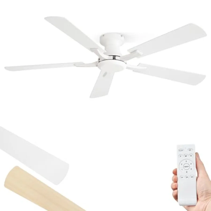 52 Inch Ceiling Fan No Light, Flush Mount Low Profile, Modern White Ceiling Fan Without Light, Remote Control Quiet DC Motor, f