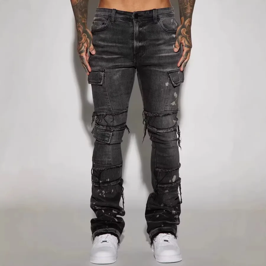 High Quality Bear Print Jeans Men, Patch Gradual Change Patch Denim Men's Casual Pants New