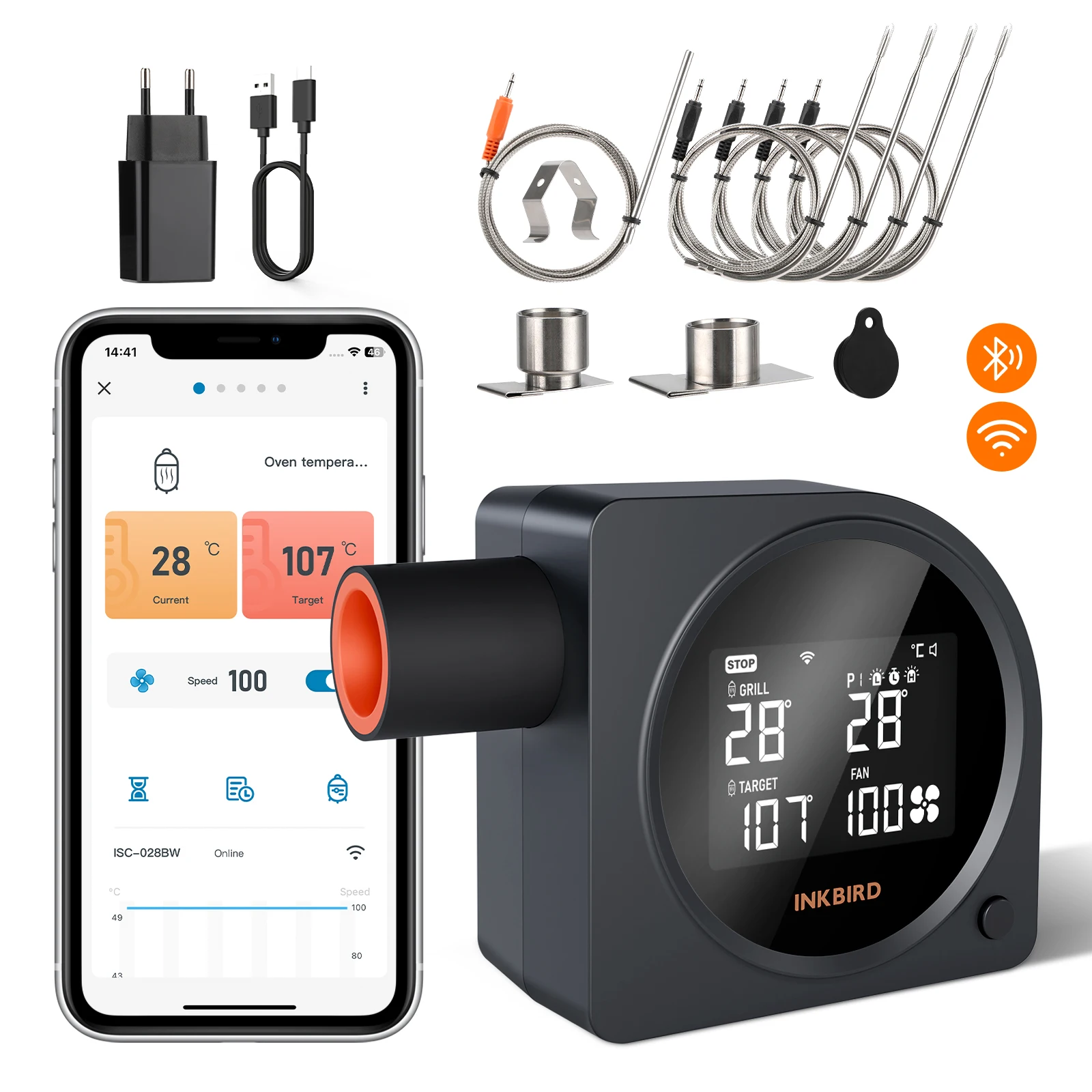 INKBIRD ISC-028BW Wireless Grill Temperature Controller with 5 Probes, Automatic Smoker Fan, High and Low Temperature Alarms