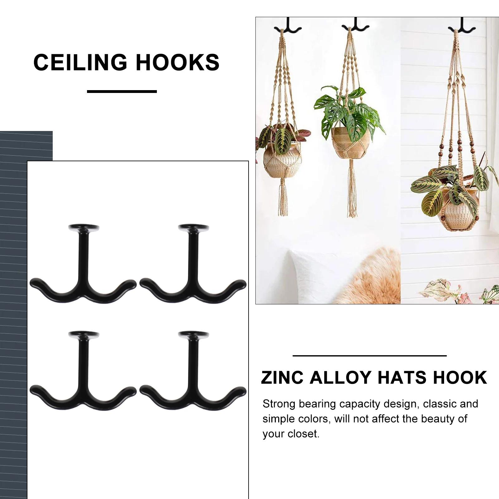 4 Pcs European Style Ceiling Double Claw Hook Black Purse under Shelf Hooks Zinc Alloy Coat